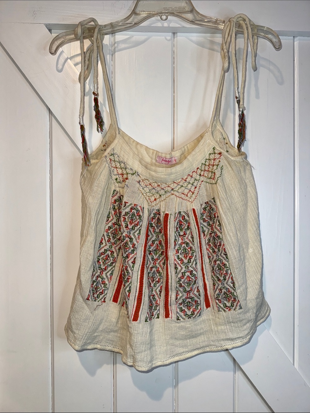 Cream Boho Embroidered Tie-Shoulder Camisole with Red Accents